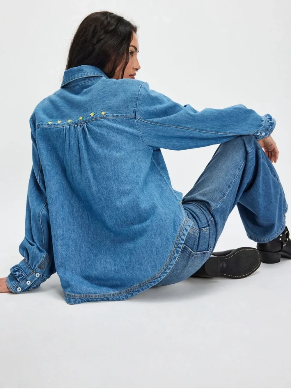 Free People Robin Pintuck Denim Shirt Pleated Ruffle Cuffs Light Wash M NWT